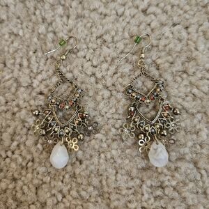 Elegant Gold and Silver Chandelier Earrings with White Stone